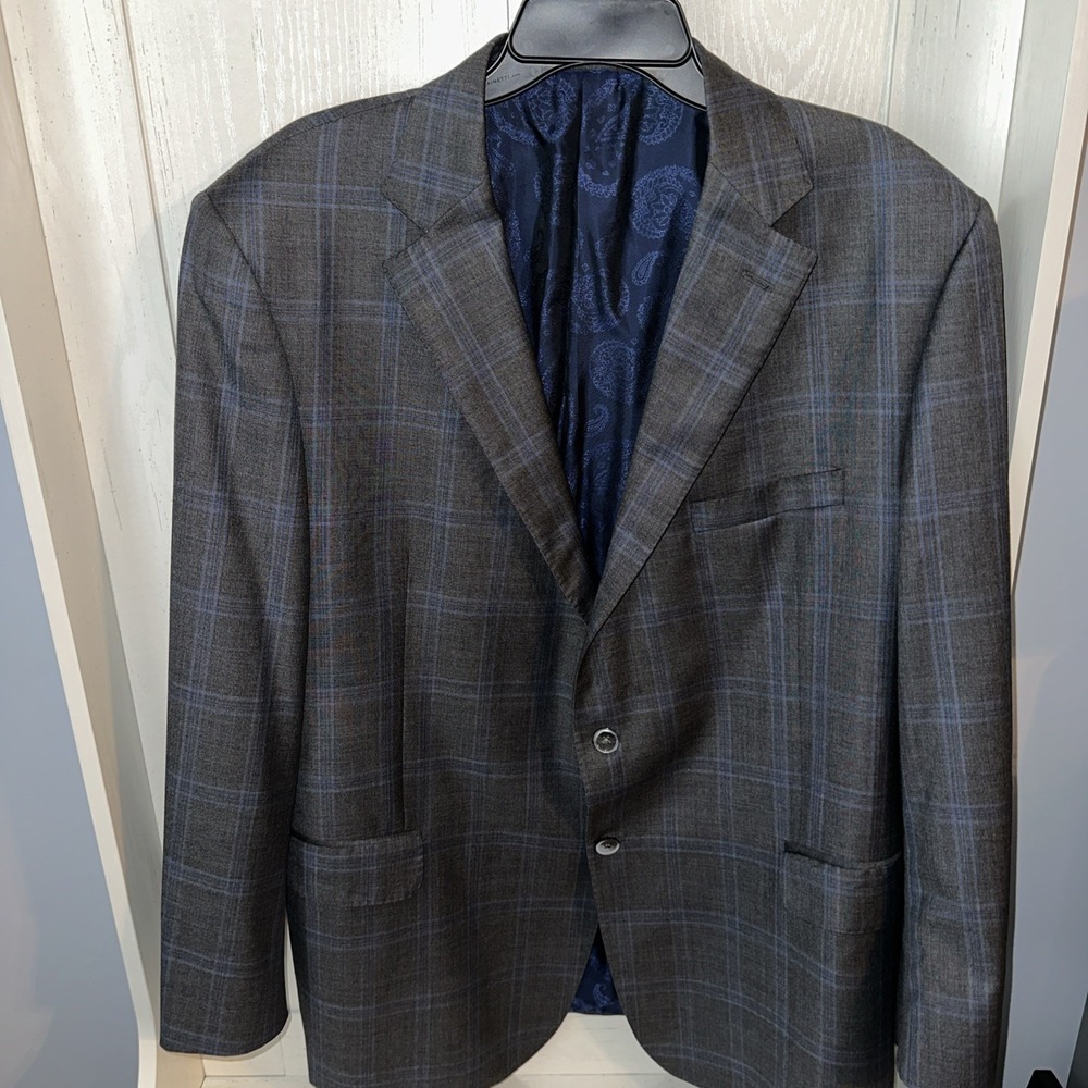 Robert Talbott Mens Blazer Wool Jacket Super 110s 48W 42R Windowpane Plaid Gray